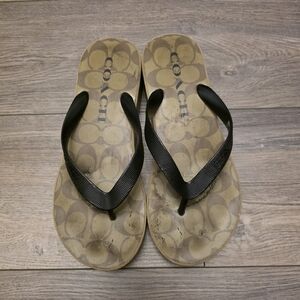 COACH Size 8B WMN’S Khaki/Black SIG C LYNN Platform Wedge Sandal/Flip Flops